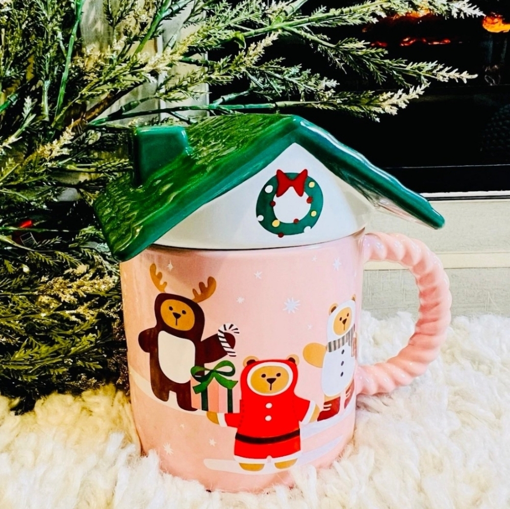 Starbucks 2025 Pink Holiday Ceramic Mug with Green Roof